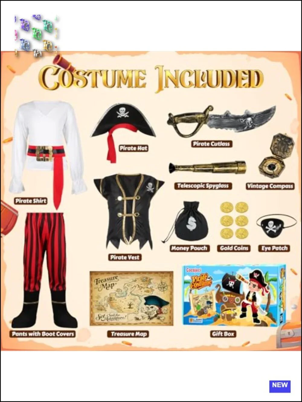 Kids Pirate Halloween Costume with Hat, Sword, & Accessories, Role Play Dress Up